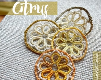 Tatting Citrus Lemon slices motif fun project for earrings or pendants frivolite lace pattern PDF instant download