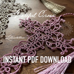 Puede incluir: Un marcapáginas de encaje rosa y blanco con el texto "Grateful Cross" y "Instant PDF Download".