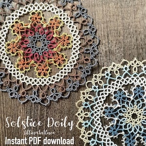 May include: Two handmade doilies with intricate lace patterns. One is a colorful snowflake design with red, orange, yellow, and gray accents. The other is a smaller, light blue and cream-colored doily. The text "Solstice Doily" and "Instant PDF download" are visible.