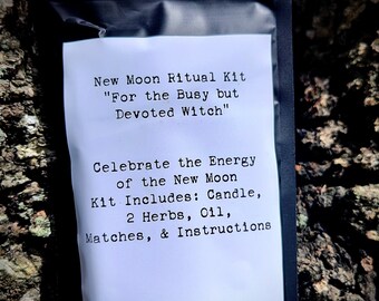 May include: A white paper bag with black text that reads "New Moon Ritual Kit "For the Busy but Devoted Witch" Celebrate the Energy of the New Moon Kit Includes: Candle, 2 Herbs, Oil, Matches, & Instructions" and a pink and white illustration of a thorn and poppy.