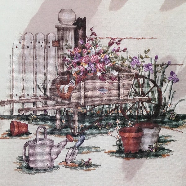 Gentle Pastimes Counted Cross stitch pattern Paula Vaughan color chart DMC instant download PDF wheel barrow flowers fence Victorian country