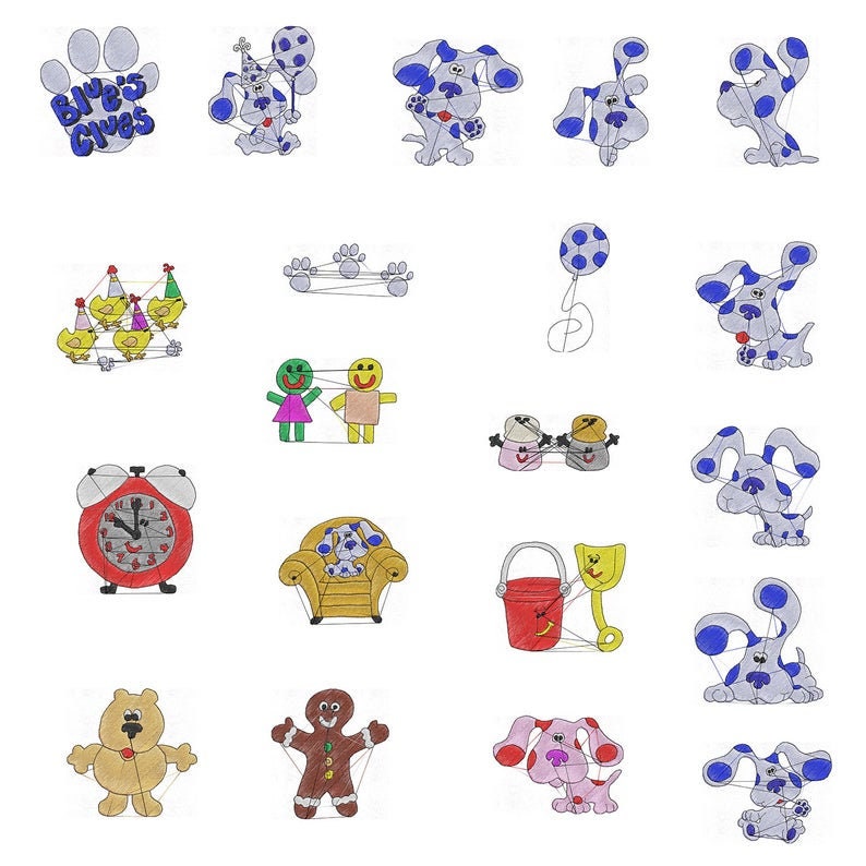 Puede incluir: Una colecci&oacute;n de ilustraciones coloridas con personajes del programa de televisi&oacute;n infantil Blue's Clues. Las ilustraciones incluyen a Blue, Magenta y los personajes de la canci&oacute;n de apertura del programa. Las ilustraciones est&aacute;n dibujadas en un estilo de dibujos animados y se encuentran sobre un fondo blanco.