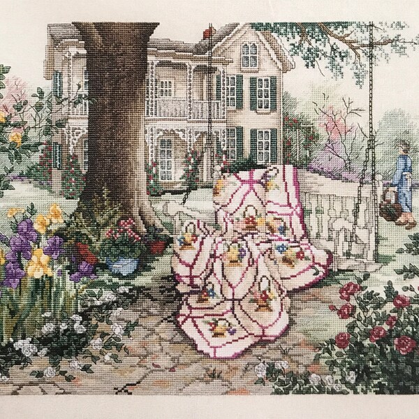 Summer Breeze by Paula Vaughan counted cross stitch pattern DMC porch quilt flowers house tree swing lilies roses Book 45 PDF color chart