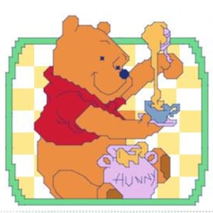 May include: A cartoon illustration of Winnie the Pooh, a bear, holding a honey pot and a spoon, with a pot of honey labelled "Hunny" in the foreground. The image is set against a yellow and green chequered background.