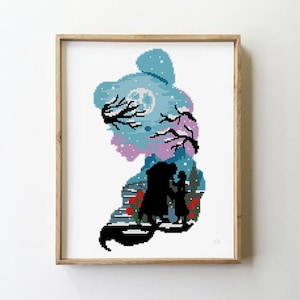 May include: Cross-stitch pattern featuring a silhouette of a couple standing in a woodland with a full moon and stars in the background. The design is in shades of blue, purple, and pink.