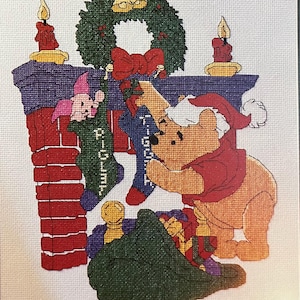 Winnie the Pooh counted cross stitch pattern pdf baby nursery piglet instant download color chart DMC Christmas Santa Presents stockings
