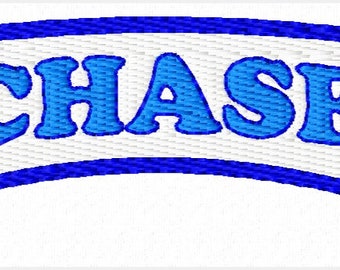 May include: Embroidered dog bone-shaped patch with the name "CHASE" in blue, outlined in a darker blue. The bone itself is white with a blue border, suitable for pet accessories.