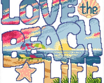 Puede incluir: Un diseño de arte de píxeles colorido con las palabras "Love the Beach Life" en un contorno azul. Las palabras "Beach" están llenas de una escena de playa con una puesta de sol, el océano, arena y una sombrilla de playa.