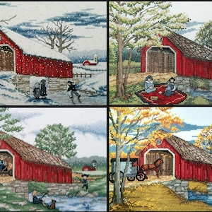 Overdekte brug seizoenen geteld kruissteekpatroon volledige kleurenkaart DMC anker instant download pdf rivier schuur amish paard en wagen land