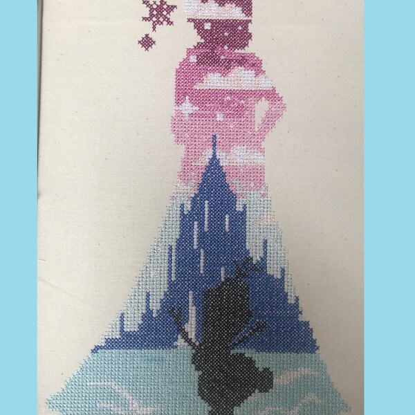 Finished Elsa frozen olaf disney cross stitch picture 8x10 unframed snowflake snowman castle Anna Sven