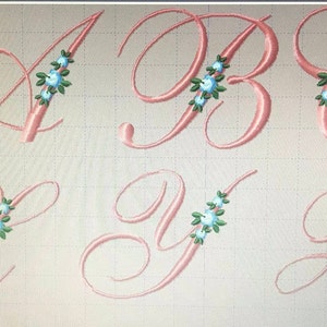 Archivo de bordado a máquina de fuente de monograma elegante flor rosa pes dst vip exp hus jef sew xxx formatos 26 letras Alfabeto