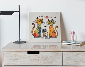 Ricamo a mano originale, pittura a filo su tela, gatti minimalisti colorati, design moderno