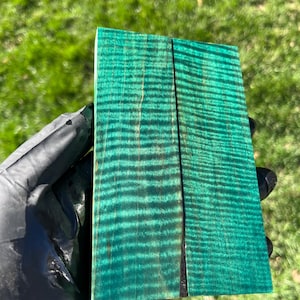 May include: A rectangular piece of wood with a vibrant teal color and a wavy grain pattern. The wood has a dark, almost black, line running down the center. The wood is held by a gloved hand, with green grass in the background.