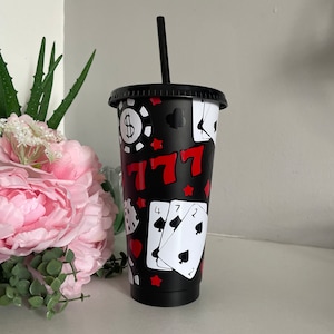 Personalised Casino themed design cold cup with straw - 24oz black or clear cold cup, card design, dice design