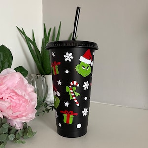 Personalised Grinch inspired design cold cup with straw - 24oz black or clear cold cup, christmas, santa, xmas, the grinch, custom cold cup