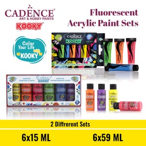 Cadence Kooky Neon Acrylic Paint Set – 6 Fluorescent Colors – 15ML or 59ML (0.5oz/2oz) – Water-Based Non-Toxic Paint for Kids