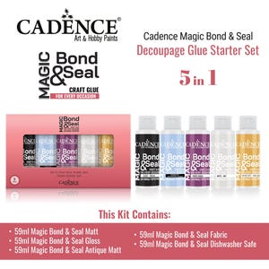 Cadence Magic Bond & Seal Decoupage Glue Starter Set – 5x59ml (2oz) For Glass, Fabric, Paper, Wood – Gloss, Matte, Antique, Dishwasher Safe