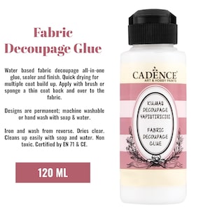 Pegamento para decoupage textil Cadence 120 ml (4,06 oz): Adhesivo textil a base de agua para papel de arroz sobre tela / Adhesivo lavable con fijación por plancha - Pegamento para tela