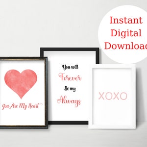 Valentines Day Printables, Set of 3 printables, Digital Print, Valentines Day Decor, Heart Print, Romantic Wall Art, Valentine Prints