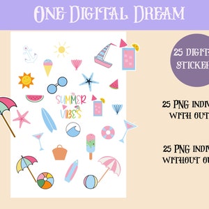 May include: A set of 25 digital summer themed stickers featuring illustrations of a watermelon, sunglasses, a surfboard, a beach umbrella, a starfish, a sailboat, a popsicle, a cocktail glass, a beach ball, a sun, a flower, an anchor, an ice cream cone, a life preserver, a glass of lemonade, and the text "Summer Vibes".