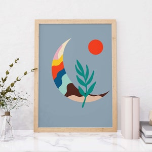 Farbenfroher Druck Wandkunst, abstrakte Wandkunst druckbar, Farbenfroher Mond und Blätter, herunterladbarer abstrakter Kunstdruck