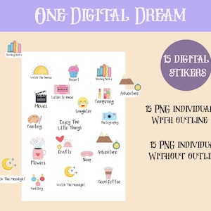 May include: A set of 15 digital stickers featuring various activities and hobbies, such as reading, watching movies, enjoying the little things, and more. The stickers are in a cute, cartoon style with bright colors and outlines.