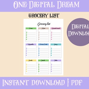 A5 Grocery List,  Digital Grocery List, Instant Download Grocery List, Organization Tools, Grocery List Template