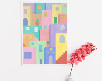 Watercolor Cityscape Wall Art, Modern Print Home decor, Colorful Cityscape Watercolor, Cityscape Digital Art