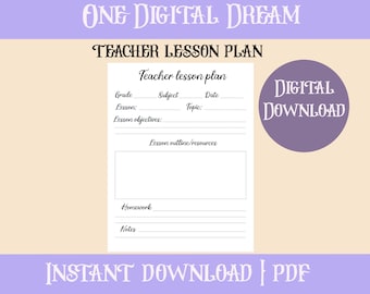 May include: A printable teacher lesson plan template with sections for grade, subject, lesson, lesson objectives, topic, date, lesson outline and resources, homework, and notes. The text "DIGITAL DOWNLOAD" is in a purple circle on the right side of the page. The text "INSTANT DOWNLOAD | PDF" is at the bottom of the page.