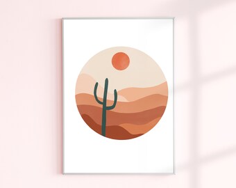 Mid Century Desert Landscape Cactus Wall Art, Minimalista Desert Landscape Modern Art Digital Print, Handmade Home Decor