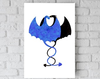 Dragons in Love Wall Art, Dragons Love Printable, Dragons in Love Print, Black and Blue Dragon in Love Art