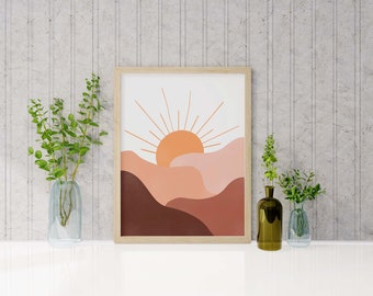 Mid Century Modern Digital Wall Art, Desert Sun Terracota Tones Wall Decor, Minimalista Boho Desert Prints.