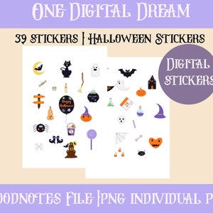Puede incluir: Un conjunto de 39 pegatinas digitales con temática de Halloween. Incluye un gato negro, un fantasma, un murciélago, una calabaza, un sombrero de bruja y un globo de "Happy Halloween". También contiene el texto "ONE DIGITAL DREAM" y "DIGITAL STICKERS".