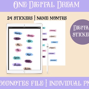 Digital Months Stickers, Digital Stickers for Goodnotes, Digital Planner Stickers, Precropped Stickers, Watercolor Months Names