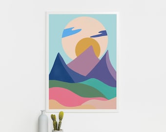 Colorful Wall Art Mid Century, Colorful Wall Art Abstract Home Decor Printables, Mountain Modern Decor Wall Art Instant Download