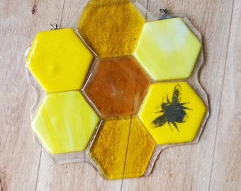 Fused Glass Bee, Bee Hive, Glass suncatcher, Beehive, Honey Comb, Honey Comb Suncatcher, Bee Suncatcher, Fused Glass, Fused Glass Ornament