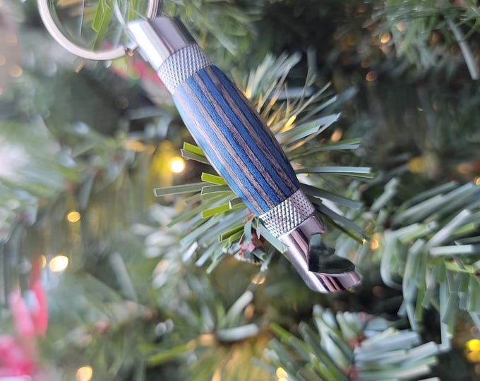 Bottle opener, wood- blue. Hand turned keychain bottle opener