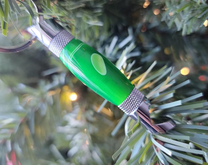 Bottle opener, bright green. Hand turned keychain bottle opener