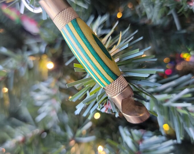 Bottle opener, wood- green & yellow. Hand turned keychain bottle opener