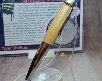 Tiger Stadium, Round top pen.  Former Home of the Detroit Tigers, handmade luxury pen made from wooden stadium seats