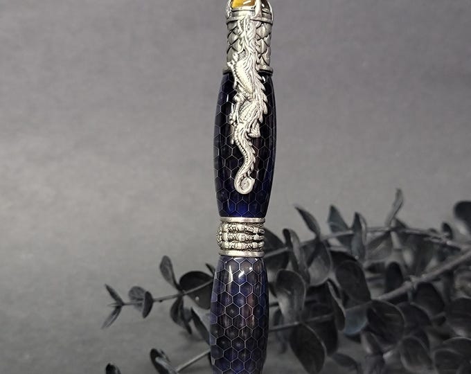 Steel blue dragon twist pen, hand turned ballpoint pen