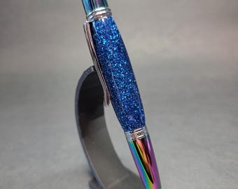 Handmade pen, Blue Glitz.  Oil Slick hand turned luxury pen