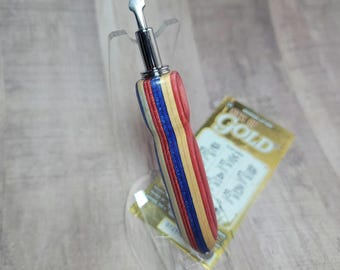 Lotto ticket scratcher scraper; red, white, and blue wood