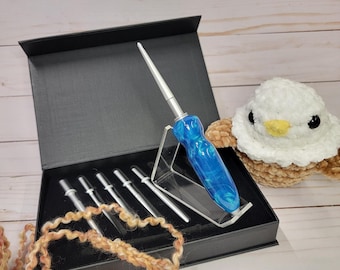 Handmade crochet set, hooks C-H, "Caribbean Seas" Ergonomic interchangeable crochet hooks