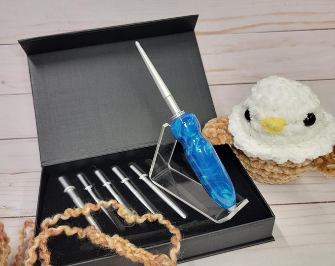Handmade crochet set, hooks C-H, "Caribbean Seas" Ergonomic interchangeable crochet hooks