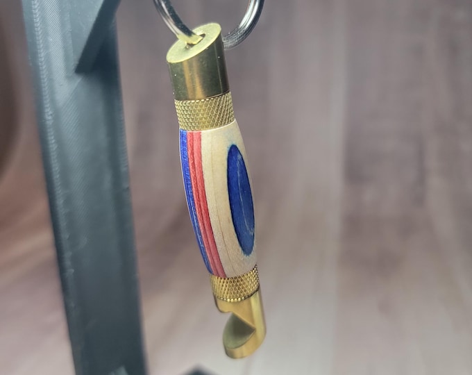 Bottle opener, wood- Americana. Hand turned keychain bottle opener