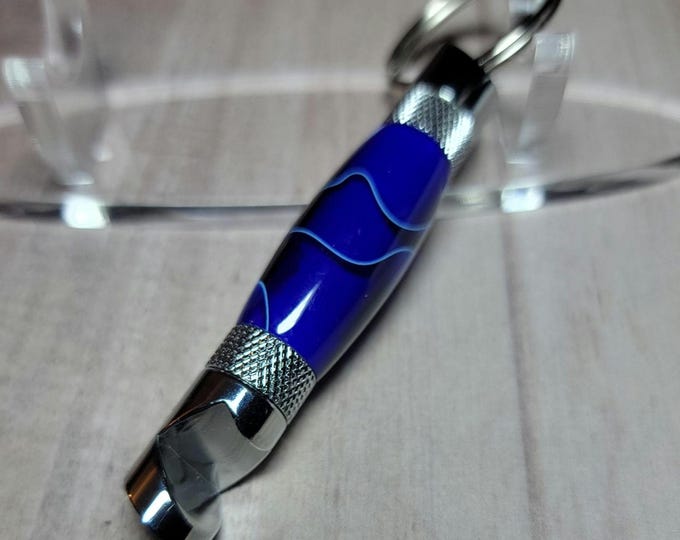 Bottle opener, bright blue. Hand turned keychain bottle opener