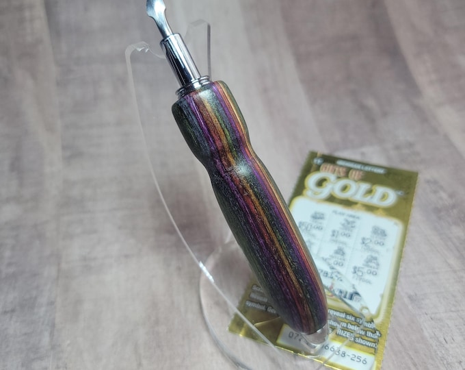 Lotto ticket scratcher scraper; dark rainbow wood