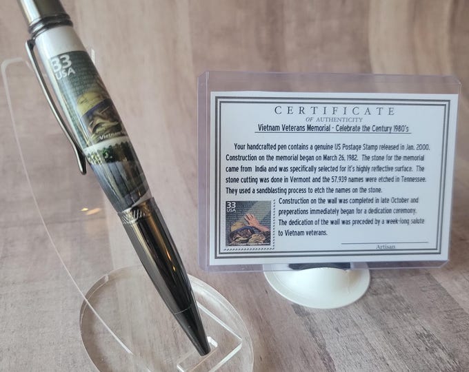 Vietnam Veterans Memorial,  handmade luxury pen from a US Postage Stamp