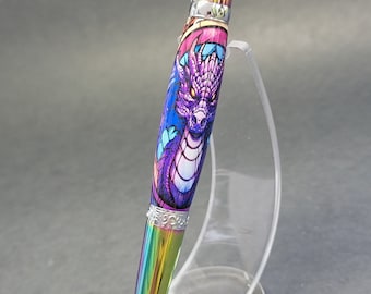 Handmade pen, Purple Dragon Stained Glass.  Rainbow Oil Slick hand turned luxury pen